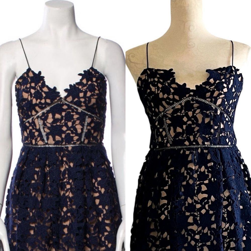 Self-Portrait Azaelea Navy Blue Guipure Lace Midi Dress, Size 10 - Picture 7 of 9